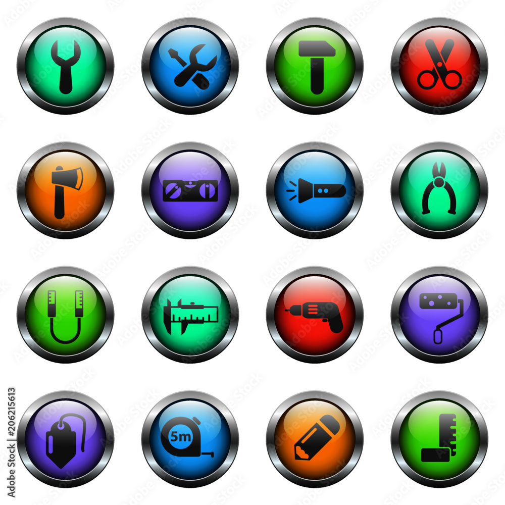 Poster work tools vector icons on color glass buttons