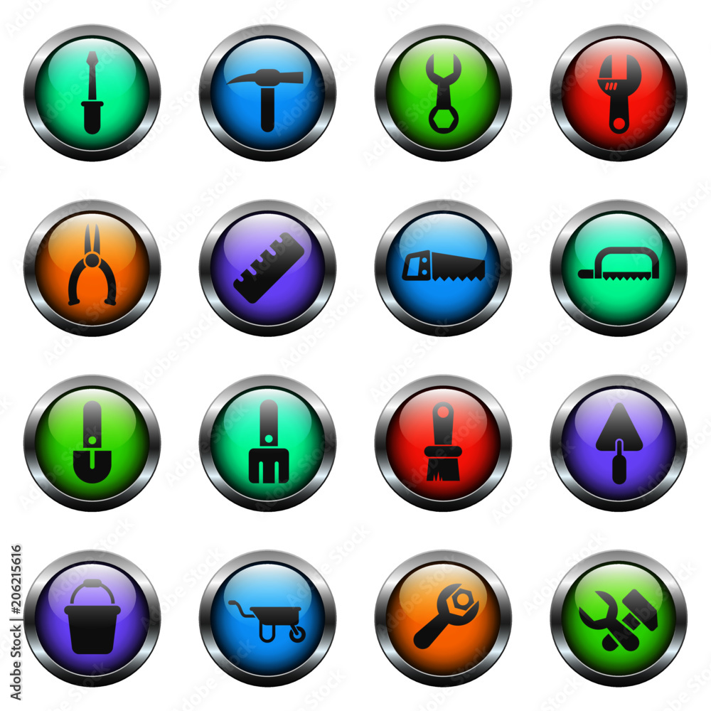 Poster work tools vector icons on color glass buttons