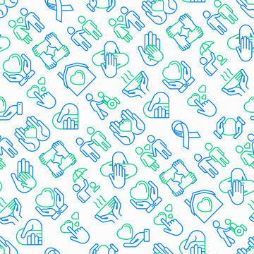 Help and care seamless pattern with thin line icons: symbols of support, help for children and disabled, togetherness, philanthropy and donation. Modern vector illustration.