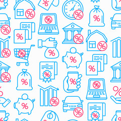 Percentages seamless pattern with thin line icon: loan, credit, offer, interest rate, sale, discount, percentage graph of growth or fall, leasing, on screen of smartphone, laptop. Vector illustration.