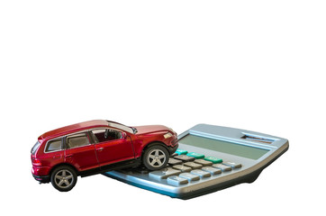Calculator and toy car isolated on white background