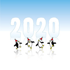 Fototapeta premium Four Santa Partying Penguins Celebrating before Year 2020