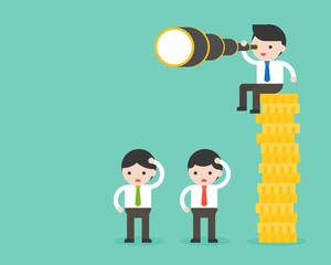 Tiny businessman sitting on stack of gold coins, holding binocular, another businessman standing on floor, advantage of richer about vision, flat design capitalism concept