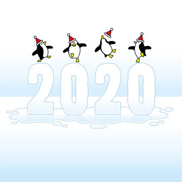 Partying Santa Penguins Celebrating on Frozen Year 2020