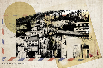 stylish retro postcard of Porto, collage from my own photos and textured backgrounds