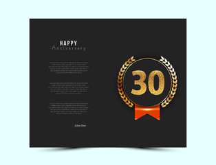 30th anniversary black card with gold and red elements. Vector illustration.