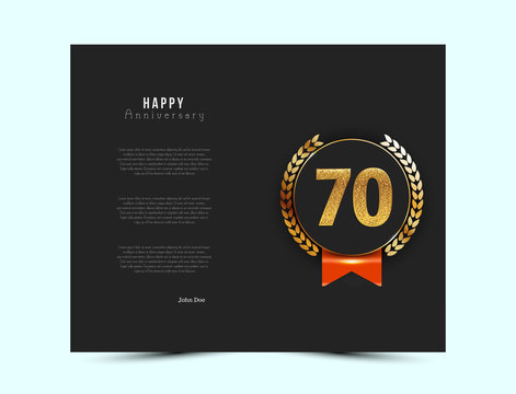 70th anniversary black card with gold and red elements. Vector illustration.