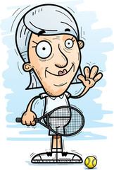 Cartoon Senior Tennis Player Waving