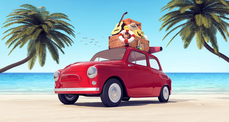 Car with luggage on the roof on the beach ready for summer vacation 3D Rendering