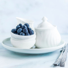 serving breakfast in the morning. sugar bowl, milk jug and bowl