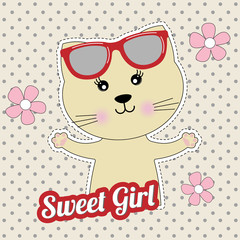 Cute cat in glasses and lettering sweet girl.