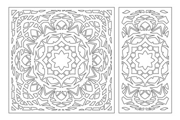 Set decorative card for cutting laser or plotter. Arabic mandala pattern. Laser cut. Ratio 1:1, 1:2. Vector illustration.