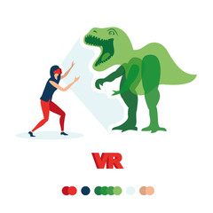 Girl sees a dinosaur. VR glasses.