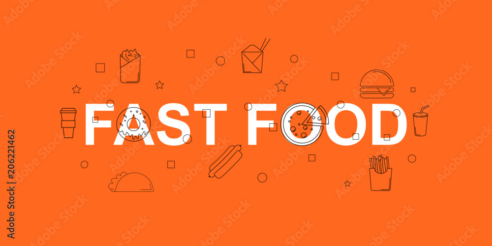 Wall mural Fast food vector banner. Word with line icon. Vector background	