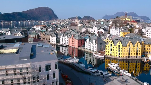 Beautiful architecture of Alesund town at sunny day in Norway