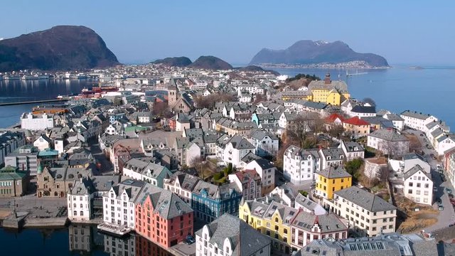 Beautiful architecture of Alesund town at sunny day in Norway