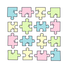 Naklejka premium Set of hand drawn puzzle icons, pictogram on white background. Vector illustration.