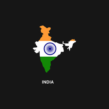 Map of India, silhouette 
in colors of national flag on black background.