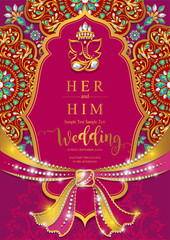 Indian wedding Invitation card templates with gold patterned and crystals on paper color Background.