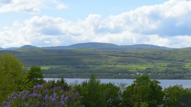 Landscape view of Saint Lawrence river from Ile D'Orleans, Quebec, Canada in summer with countryside farms, water, gazebo in green park
