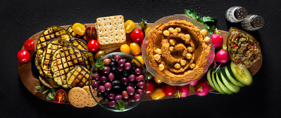banner of Vegan snack board. Flat-lay of Various Vegetarian dish