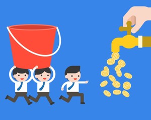 Businessman’s team carry a bucket to money tap, business concept flat design