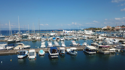 Fototapeta na wymiar Aerial drone bird's eye view photo of picturesque port of Aigina island, Saronic Gulf, Greece