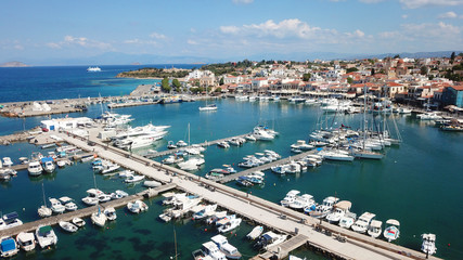 Aerial drone bird's eye view photo of picturesque port of Aigina island, Saronic Gulf, Greece