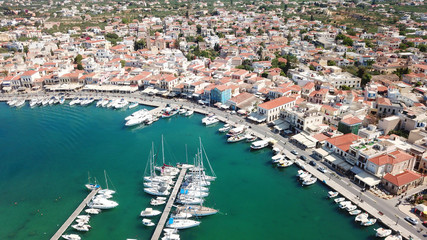 Aerial drone bird's eye view photo of picturesque port of Aigina island, Saronic Gulf, Greece