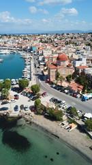 Fototapeta na wymiar Aerial drone bird's eye view photo of picturesque port of Aigina island, Saronic Gulf, Greece