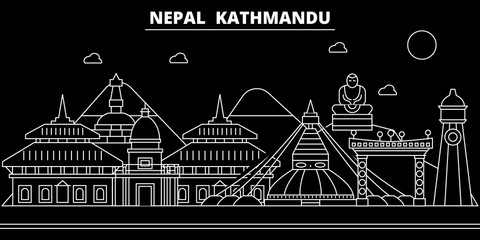 Kathmandu silhouette skyline. Nepal - Kathmandu vector city, nepalese linear architecture, buildings. Kathmandu line travel illustration, landmarks. Nepal flat icon, nepalese outline design banner - obrazy, fototapety, plakaty
