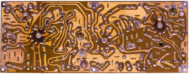 old hand welded circuit board isolated on white background
