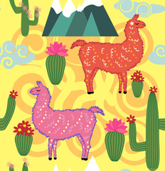 Vector Illustration of seamless pattern with cute cartoon llama alpaca with cactus and design elements on pink background in flat cartoon style.