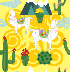 Fototapeta premium Vector Illustration of seamless pattern with cute cartoon llama alpaca with cactus and design elements on pink background in flat cartoon style.
