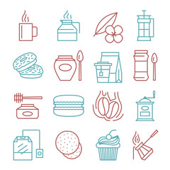 Vector tea and coffee linear icons set illustration