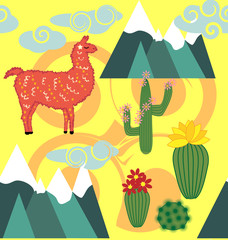 Vector Illustration of seamless pattern with cute cartoon llama alpaca with cactus and design elements on pink background in flat cartoon style.