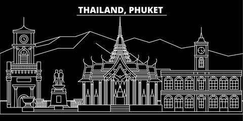 Phuket silhouette skyline. Thailand - Phuket vector city, thai linear architecture, buildings. Phuket line travel illustration, landmarks. Thailand flat icon, thai outline design banner - obrazy, fototapety, plakaty