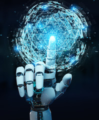 White robot hand using digital triangle exploding sphere hologram 3D rendering