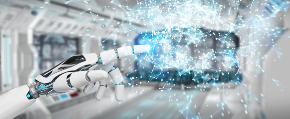 White humanoid hand using digital globe hud interface 3D rendering