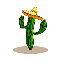 Cactus in sombrero, cartoon. Hand drawn vector illustration. Mexico label or symbol. 