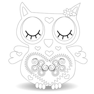 Coloring book for adult and older children. Coloring page with cute owl and floral frame. Outline drawing in zentangle style