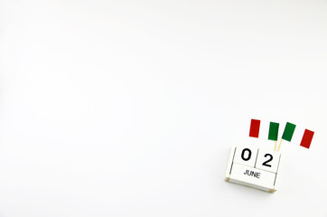 ๋๊JUNE 02 Wooden calendar Concept independence day of Italy and Italy national day with space for your text.