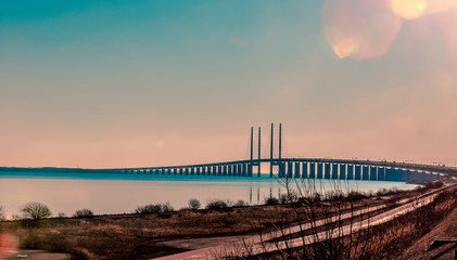 Øresund bridge at sunset, between Sweden and Denmark