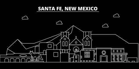 Obraz premium Sylwetka panoramę Santa Fe. USA - miasto wektorowe Santa Fe, amerykańska architektura liniowa, budynki. Ilustracja podróży linii Santa Fe, zabytki. Płaskie ikony USA, amerykański projekt konspektu banner