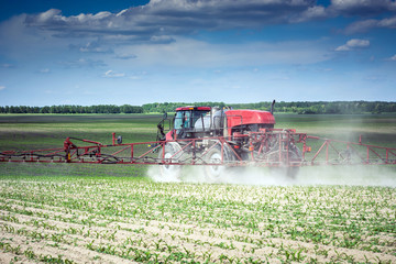 self-propelled sprayer makes herbicide on the field of young corn