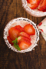 A serving of strawberry over tapioca and jelly