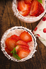 A serving of strawberry over tapioca and jelly