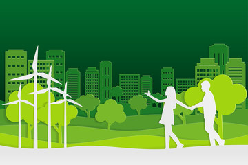 Paper art and park on green town shape, vector art.