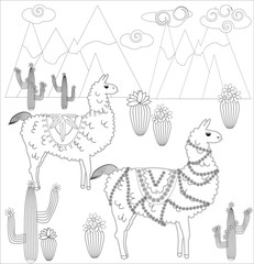 Coloring page of cartoon lama. Vector illustration, coloring book for kids.