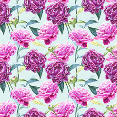 Seamless background with peony flowers. Watercolor illustration. Graphic hand drawn floral pattern. Textile fabric design.